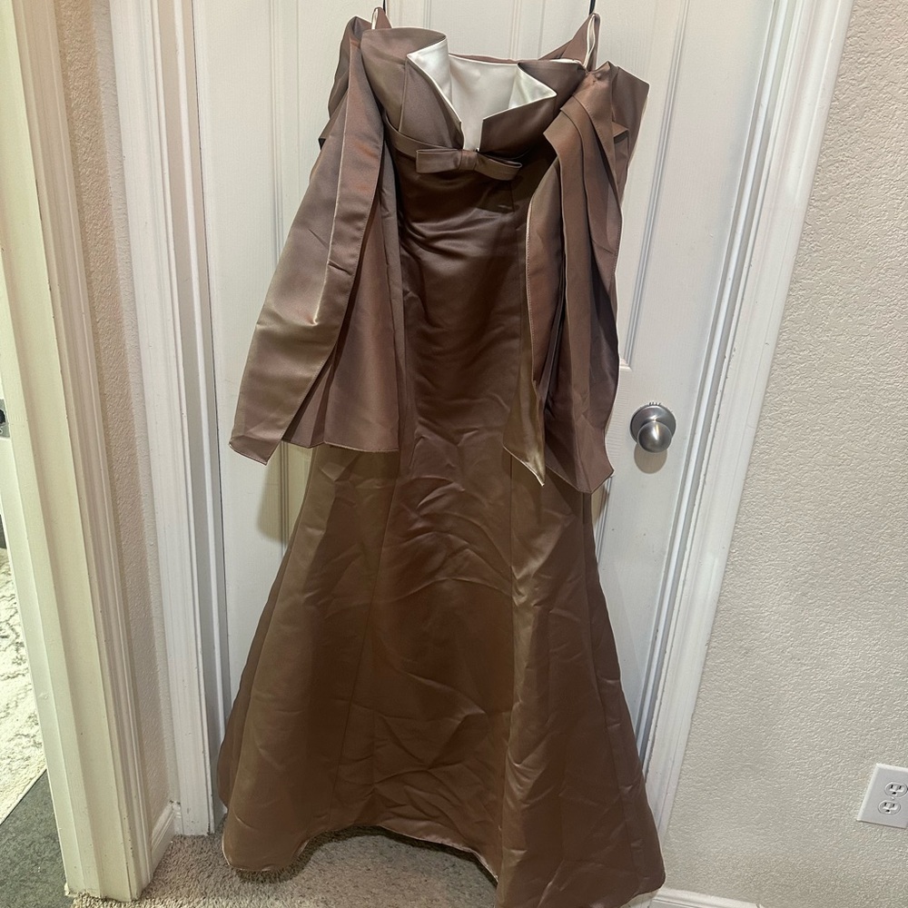 Bari Jay Taupe Strapless formal Dress with matching Shaw